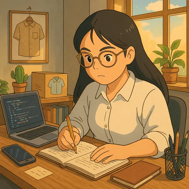 Ilustración de Laura aprendiendo en su primer trabajo