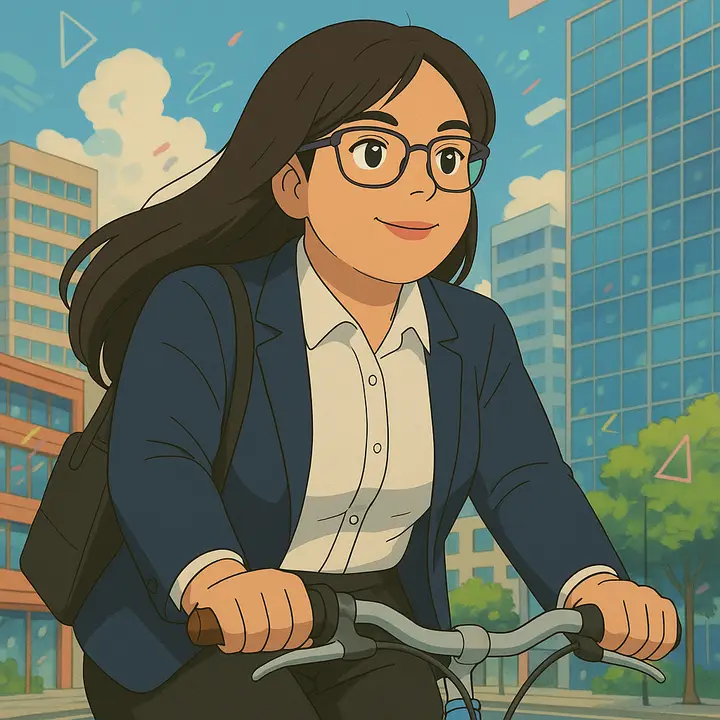 Ilustración de Laura en bicicleta camino a la oficina