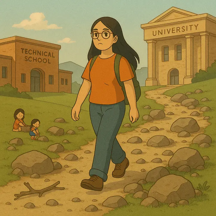 Ilustración de Laura de niña resolviendo sus tareas sola